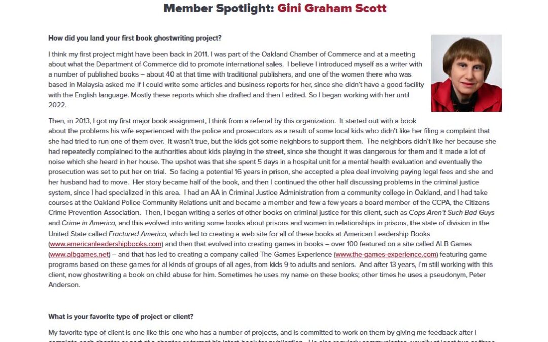 Association of Ghostwriters Member Spotlight: Gini Graham Scott